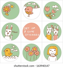 Set of 8 cute stickers with flowers, bunnies, girl and birds
