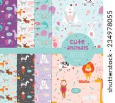 Set of 8 cute vector childish pattern with cartoon animals, speech bubbles and fireworks on colorful background. Lion, monkey, zebra, dog, giraffe.
