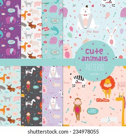 Set of 8 cute vector childish pattern with cartoon animals, speech bubbles and fireworks on colorful background. Lion, monkey, zebra, dog, giraffe.