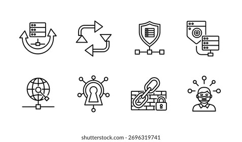 Set of 8 cybersecurity and network security icons in outline style for digital technology concepts vector