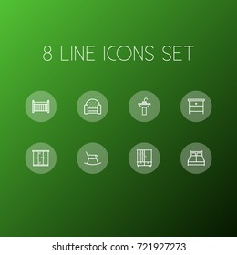 Set Of 8 Decor Outline Icons Set.Collection Of Moving Chair, Nightstand, Double Bed Elements.
