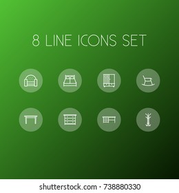 Set Of 8 Decor Outline Icons Set.Collection Of Moving Chair, Drawer Unit, Sofa And Other Elements.