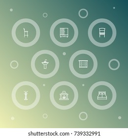 Set Of 8 Decor Outline Icons Set.Collection Of Drawer Unit, Chair, Bar Stool And Other Elements.