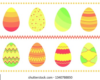Set of 8 decorated colorful Easter eggs isolated on white background. The silhouette of the shell, stripes, waves, dots, zigzag bright color on the basis