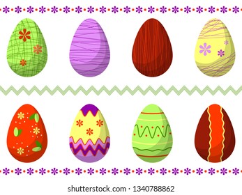 Set of 8 decorated multi-colored volumetric Easter eggs isolated on white background. The silhouette of the shell, stripes, waves, dots, zigzag, flowers on a bright colored base