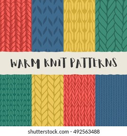Set of 8 decorative knit seamless patterns. Hand drawn endless colorful knitting ornament. Trendy messy knitwork texture. Vector design for cloth, backdrops, apparel, wrapping, wallpaper, textile
