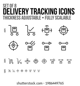 Set of 8 delivery transit transport tracking icons for app web design. 