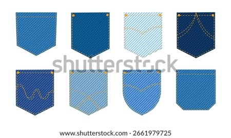 Set of 8 denim jeans back pockets in flat vector style. Styles classic V-shape, round-bottom, curved seam, decorative stitching, corner-cut pocket. Shades from light to dark blue with diagonal texture