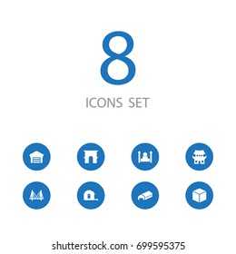 Set Of 8 Design Icons Set.Collection Of Triumphal, Asian Temple, Mosque And Other Elements.