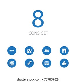 Set Of 8 Design Icons Set.Collection Of Storehouse, Triumphal, Residential And Other Elements.
