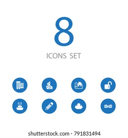 Set Of 8 Design Icons Set.Collection Of Hardhat, Park Decoration, University And Other Elements.