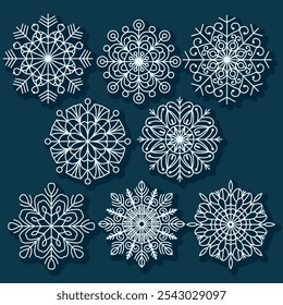 Ein Set von 8 detaillierten Vektorschneeflocken mit eleganten Designs. Perfekt für Ferienprojekte, Winterdekorationen und Grußkarten. Geeignet sowohl für Print- als auch für digitale Projekte.
