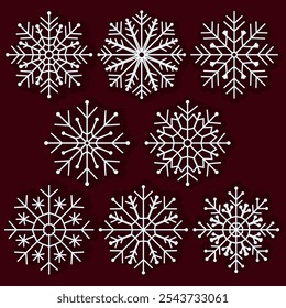 Un conjunto de 8 copos de nieve de Vector detallados, ideales para diseños de temática invernal y navideña. Perfecto para tarjetas de Navidad, decoraciones de temporada, fondos y proyectos de arte festivos. Alta calidad y versátil
