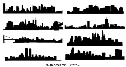 set of 8 diferens skylines of new york, boston and pfiladelphia