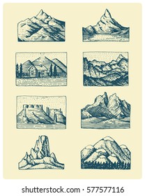 Set of 8 different badges with mountains, engraved, hand drawn or sketch style include logos for camping, hiking. vintage, old looking.