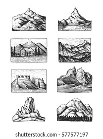 Set of 8 different badges with mountains, engraved, hand drawn or sketch style include logos for camping, hiking. vintage, old looking.