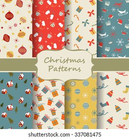 set of 8 different Christmas patterns, Endless texture can be used for wallpaper, pattern fills, web page background,surface textures. vector illustration.
