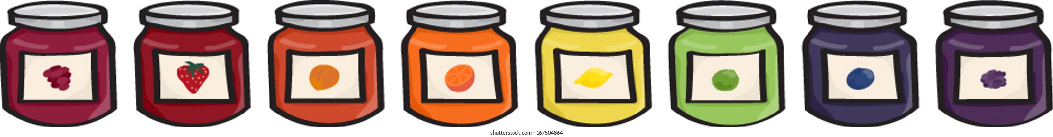 Set of 8 different flavors of cartoon jams and jellies: strawberry, raspberry, orange marmalade, apricot, lemon, lime, blueberry and blackberry. This file is Vector EPS10 and uses transparencies. 