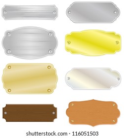 Set of 8 different house or trophy nameplates with metal and wood structure. All vector parts are isolated and grouped. Colors are easy to customize.