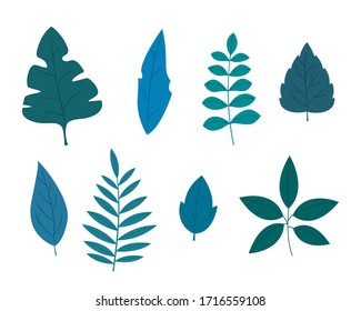 Set of 8 different leaves in modern colored flat style, isolated on white background.