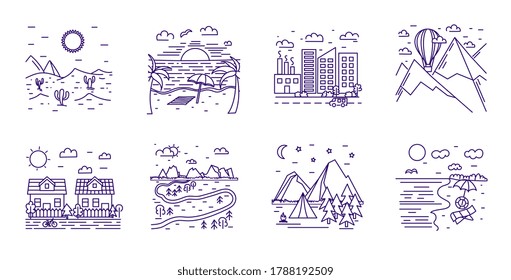 Conjunto de 8 paisajes trazados por líneas diferentes con montañas, globo de aire caliente, ríos, camping, zonas silvestres, ciudad y costa, ilustración vectorial