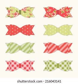 Set of 8 different retro fabric bows in shabby chic style for your decoration