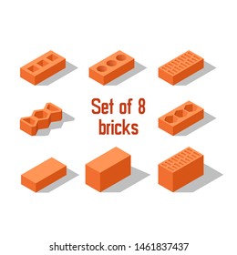 Set of 8 different shapes isometric bricks, design elements construction materials, isolated on a white background, vector illustration.
