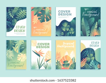 Set of 8 different tropical template designs for covers with leaves and flowers in muted colours and copy space in tones of green and orange, vector illustration