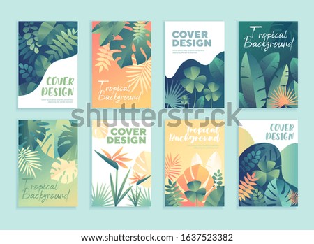Set of 8 different tropical template designs for covers with leaves and flowers in muted colours and copy space in tones of green and orange, vector illustration