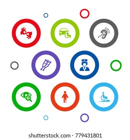Set Of 8 Disabled Icons Set.Collection Of Listening Device, Ramp, Disabled Vehicle And Other Elements.