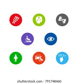 Set Of 8 Disabled Icons Set.Collection Of Braille, Blindness, Brain With Question And Other Elements.