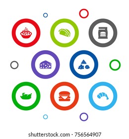 Set Of 8 Dish Icons Set.Collection Of Mexican Food, Grilled, Take Away Pack And Other Elements.