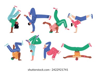 Set with 8 diverse breakdance dancers, performing different moves. Hand drawn vector illustration in flat design, isolated on white background