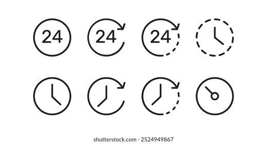Set of 8 diverse time-related icons featuring clocks and timers for scheduling and deadlines.