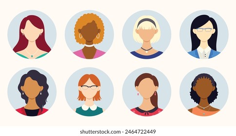 Set de 8 Avatares Diversos para Mujeres de Negocios. Iconos de Perfil para diferentes mujeres adultas. Avatares de Vector en íconos circulares que muestran una variedad diversa de mujeres.