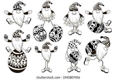 A set of 8 doodle style characters - cute gnomes with Easter eggs. Stock vector illustration isolated on a white background.