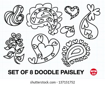 Set of 8 doodles heart paisley. free hand vector illustration.