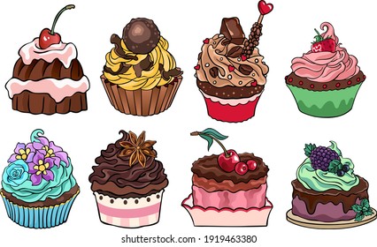 Set of 8 drawings of pastry, bakery and cookies. Collection of vector stock food illustrations, isolated on white background, for custom design and print.