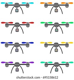 Set of 8 drone in different colors isolated on white background