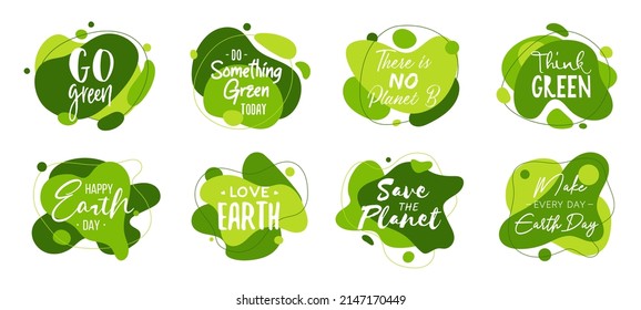 Set of 8 Earth Day abstract graphic liquid organic elements. Dynamical waves, fluid shapes. Isolated green banners with flowing lines. Template for the design of a logo, flyer or presentation. 