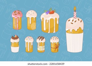 Set of 8 Easter cakes. The traditional celebration of Easter in April. Sweet pastries covered with icing. Decorated with chocolate, confetti, berries, candles. Vector illustration.