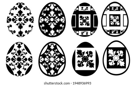 Set of 8 Easter eggs in ethnic style. The eggs are composed of flowers and geometric shapes, inside the eggs are transparent. Stock vector illustration isolated on white.