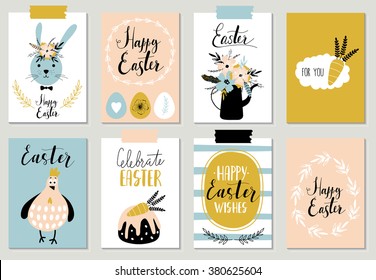 Set of 8 Easter greeting cards. Stylish spring design. Vector illustration. Template for Greeting Scrap booking, Congratulations, Invitations, Planner, Diary, Notes.