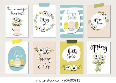 Set of 8 Easter greeting cards. Stylish spring design. Vector illustration. Template for Greeting Scrap booking, Congratulations, Invitations, Planner, Diary, Notes.