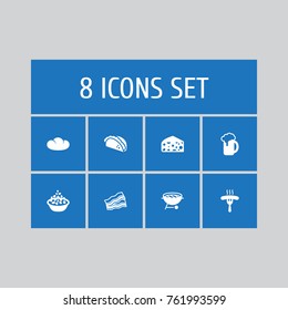 Set Of 8 Eat Icons Set.Collection Of Ale, Frankfurter, Mexican Food And Other Elements.