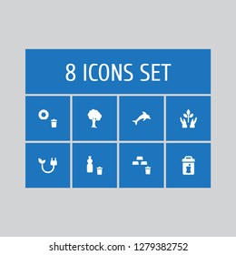 Set of 8 ecology icons set. Collection of nature, tree, dolphin and other elements.