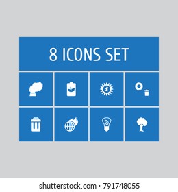 Set Of 8 Ecology Icons Set.Collection Of Warm, Eco Battery, Container And Other Elements.