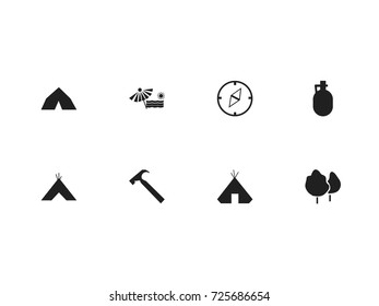 Set Of 8 Editable Camping Icons. Includes Symbols Such As Pitcher, Wood, Plage And More. Can Be Used For Web, Mobile, UI And Infographic Design.