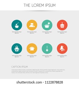 Set of 8 editable cooking icons. Includes symbols such as dining time, cooking pot, apron and more. Can be used for web, mobile, UI and infographic design.
