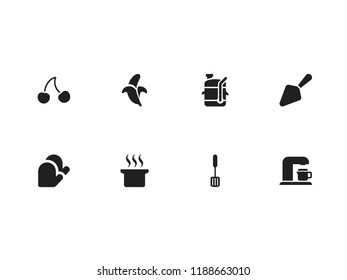 Set of 8 editable cooking icons. Includes symbols such as banana, hot meal, juicer and more. Can be used for web, mobile, UI and infographic design.